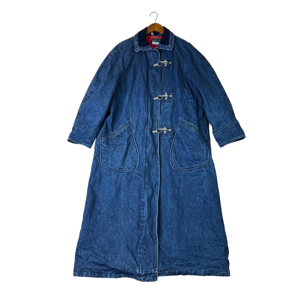 Vintage Harve Benard Denim Trench Coat Womens Small Long Fireman Toggle Jacket